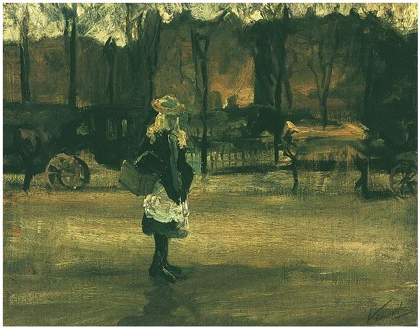 Vincent van Gogh Girl in the Street, Two Coaches in the Background, A Painting Vincent van Gogh's Girl in the Street, Two Coaches in the Background, A Painting