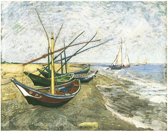 Van Gogh Painting Fishing Boats on the Beach at Saintes-Maries