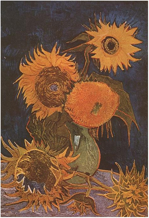 Still Life Vase with Five Sunflowers