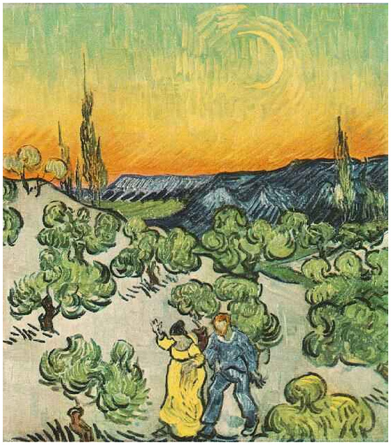 Landscape with Couple Walking and Crescent Moon