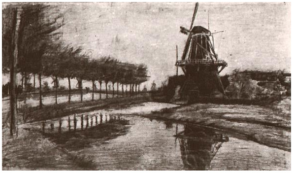 Van Gogh Drawing Landscape with Windmill