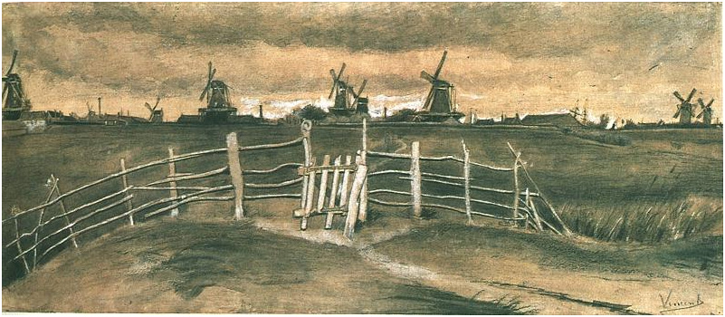 Van Gogh Watercolor Windmills near Dordrecht