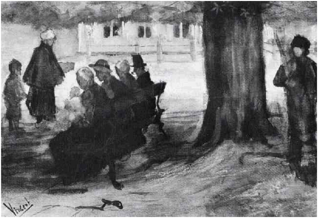 Vincent van Gogh's Banco con cuatro personas (y bebé) Watercolor