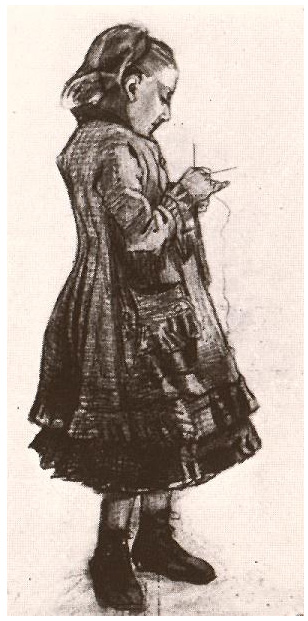 Girl Standing, Knitting by Vincent Van Gogh - 974 - Drawing