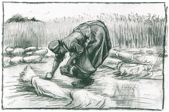 Mujer campesina, encorvando entre gavillas de trigo de Vincent van Gogh