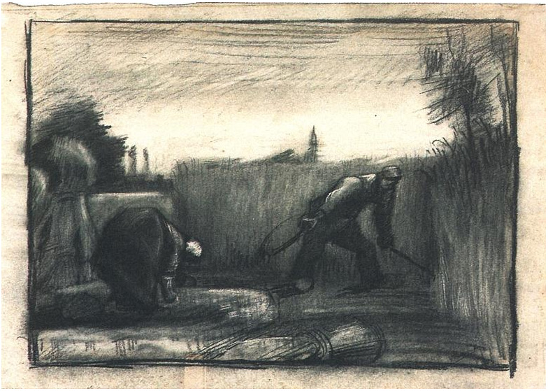 Vincent van Gogh's Wheat Field with Mower and a Stooping Peasant Woman Drawing