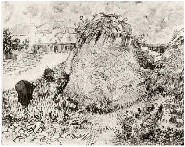 Vincent van Gogh Haystacks near a Farm Watercolor Vincent van Gogh's Haystacks near a Farm Watercolor
