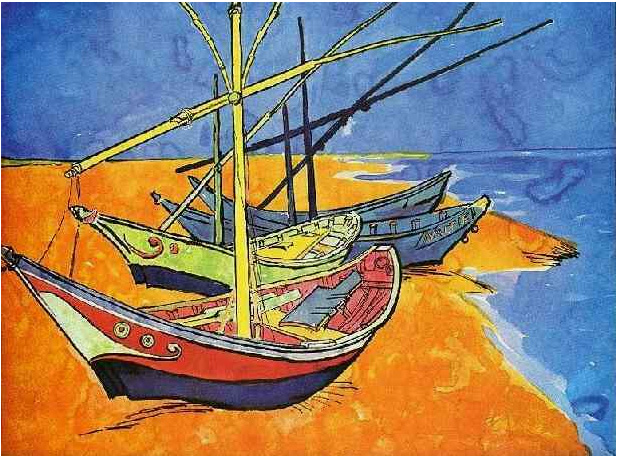 Van Gogh Painting Boats on the Beach of Saintes-Maries