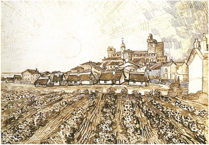 Van Gogh Drawing View of Saintes-Maries with Church and Ramparts