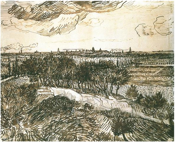 Vincent van Gogh's View of Arles from a Hill Drawing