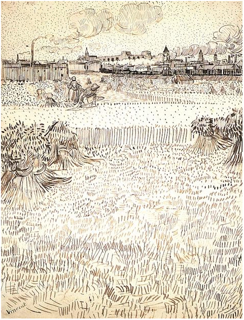 Vincent van Gogh Wheat Field with Sheaves and Arles in the Background Drawing Vincent van Gogh's Wheat Field with Sheaves and Arles in the Background Drawing