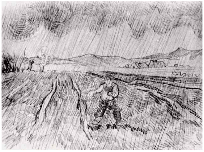 Vincent van Gogh Enclosed Field with a Sower in the Rain Drawing Vincent van Gogh's Enclosed Field with a Sower in the Rain Drawing