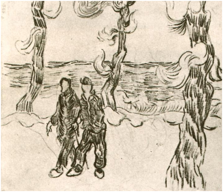 Vincent van Gogh Two Men on a Road with Pine Trees Drawing Vincent van Gogh's Two Men on a Road with Pine Trees Drawing