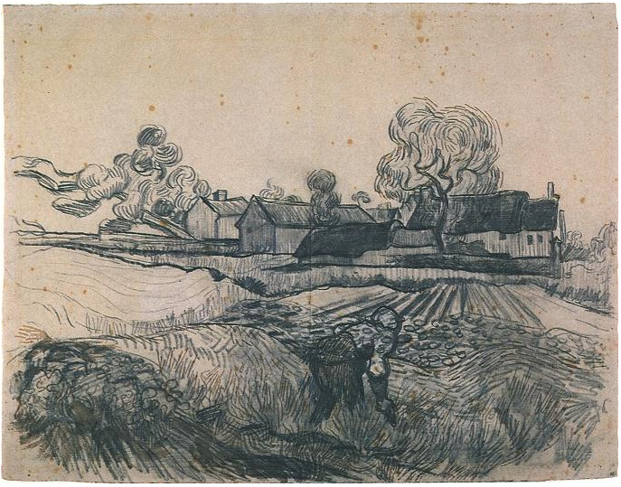 Vincent van Gogh's Cottages with a Woman Working in the Foreground Drawing
