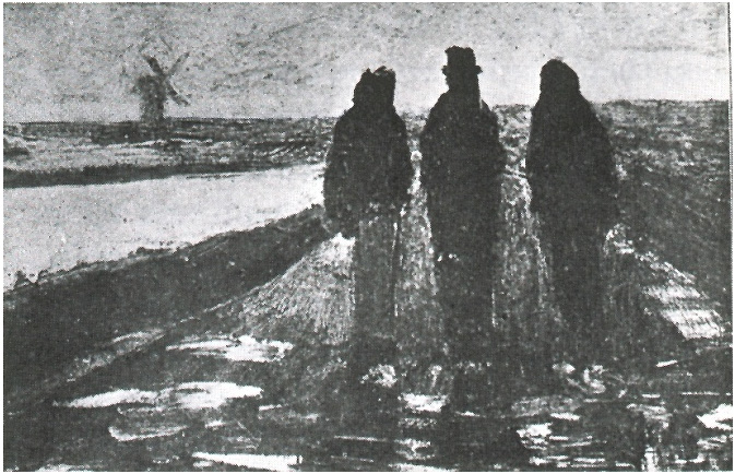 Van Gogh Drawing Three Figures near a Canal with Windmill