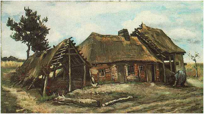 Cottage with Decrepit barn and Stooping Woman