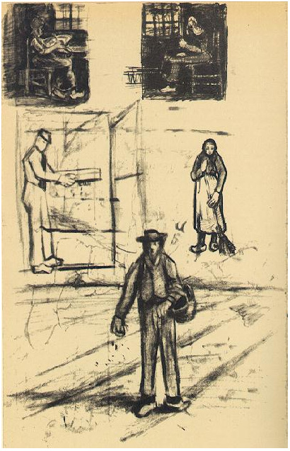 Vincent van Gogh's Mujer cerca de una ventana (dos veces), hombre con ventana, sembrador, y mujer con escoba Letter Sketches