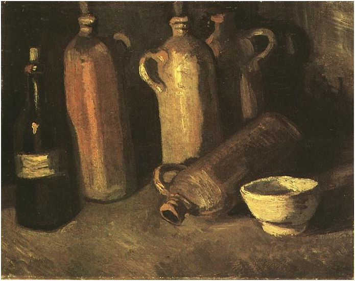 Vincent van Gogh Naturaleza muerta con cuatro botellas de piedra, frasco y taza blanca Painting Vincent van Gogh's Naturaleza muerta con cuatro botellas de piedra, frasco y taza blanca Painting