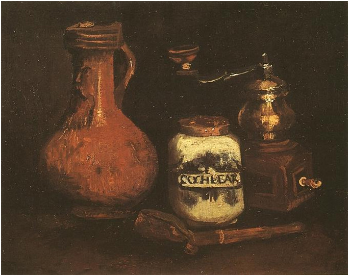 Vincent van Gogh Naturaleza muerta con molinillo de café, caja de pipa y jarra Painting Vincent van Gogh's Naturaleza muerta con molinillo de café, caja de pipa y jarra Painting