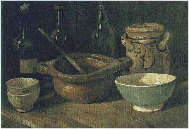 Vincent van Gogh Naturaleza muerta con cerámica y botellas Painting Vincent van Gogh's Naturaleza muerta con cerámica y botellas Painting