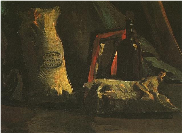 Vincent van Gogh Naturaleza muerta con dos sacos y una botella Painting Vincent van Gogh's Naturaleza muerta con dos sacos y una botella Painting