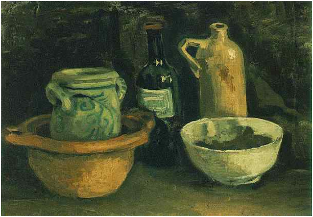 Vincent van Gogh Naturaleza muerta con cerámica y dos botellas Painting Vincent van Gogh's Naturaleza muerta con cerámica y dos botellas Painting