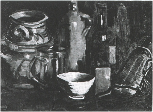 Vincent van Gogh Naturaleza muerta con cerámica, vaso de cerveza y botella Painting Vincent van Gogh's Naturaleza muerta con cerámica, vaso de cerveza y botella Painting