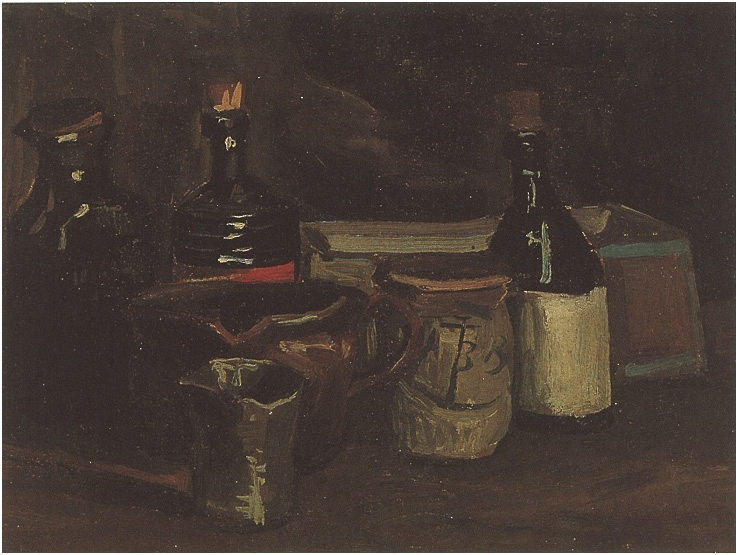 Vincent van Gogh Naturaleza muerta con botellas y cerámica Painting Vincent van Gogh's Naturaleza muerta con botellas y cerámica Painting