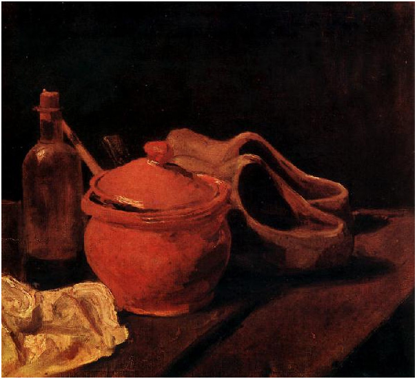 Vincent van Gogh Naturaleza muerta con cerámica, botella, y zuecos Painting Vincent van Gogh's Naturaleza muerta con cerámica, botella, y zuecos Painting