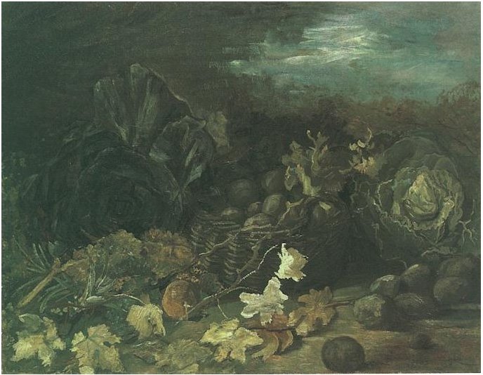 Vincent van Gogh Naturaleza muerta con una cesta de patatas, rodeada por las hojas de otoño y verduras Painting Vincent van Gogh's Naturaleza muerta con una cesta de patatas, rodeada por las hojas de otoño y verduras Painting