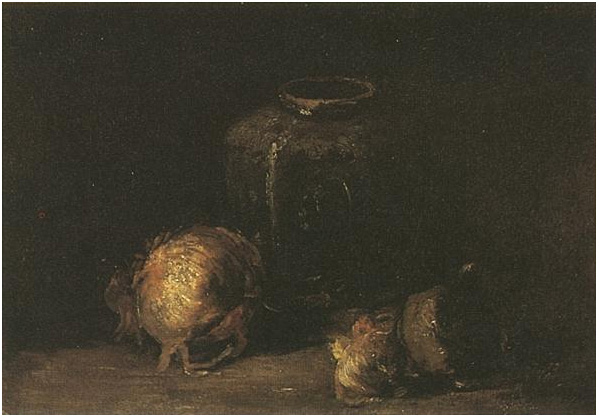 Vincent van Gogh Naturaleza muerta con tarro de jengibre y cebollas Painting Vincent van Gogh's Naturaleza muerta con tarro de jengibre y cebollas Painting