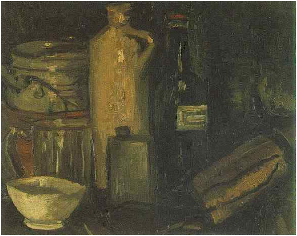 Vincent van Gogh Naturaleza muerta con vasijas, tarro y botellas Painting Vincent van Gogh's Naturaleza muerta con vasijas, tarro y botellas Painting