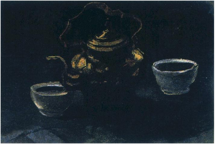 Vincent van Gogh Naturaleza muerta con cafetera de cobre y dos cuencos blancos Painting Vincent van Gogh's Naturaleza muerta con cafetera de cobre y dos cuencos blancos Painting