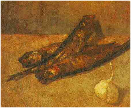 Vincent van Gogh Naturaleza muerta con arenques ahumados y ajo Painting Vincent van Gogh's Naturaleza muerta con arenques ahumados y ajo Painting