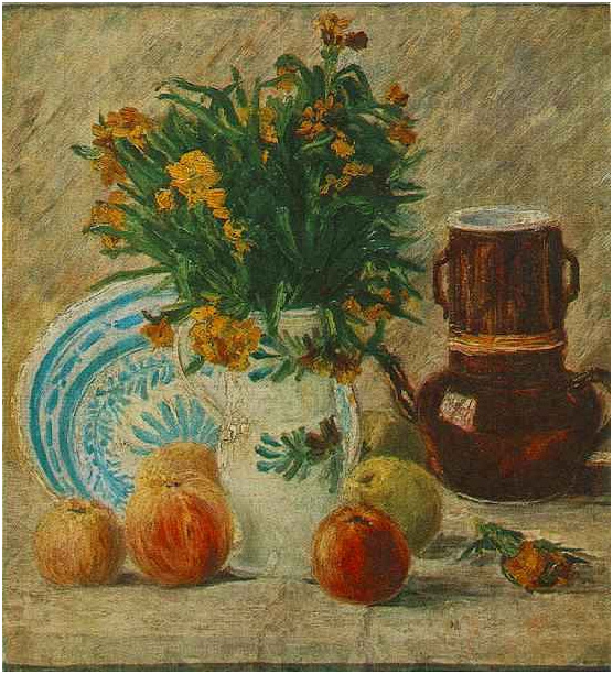 Vincent van Gogh Jarrón con flores, cafetera y fruta Painting Vincent van Gogh's Jarrón con flores, cafetera y fruta Painting
