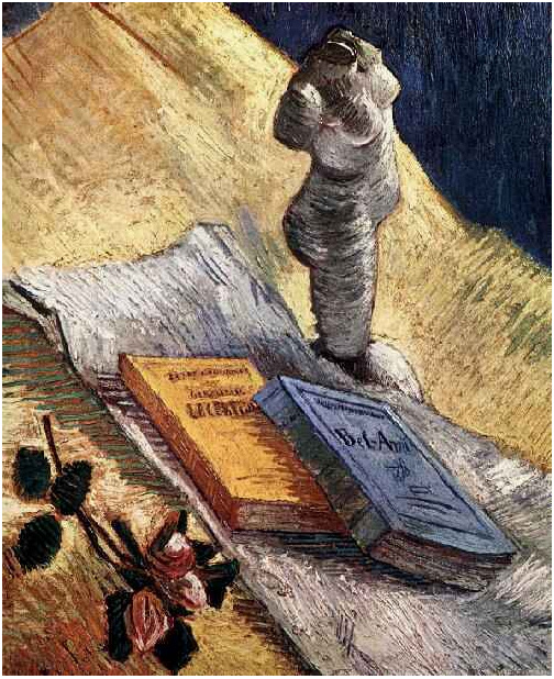 Vincent van Gogh Naturaleza muerta con estatuilla de yeso, una rosa y dos novelas Painting Vincent van Gogh's Naturaleza muerta con estatuilla de yeso, una rosa y dos novelas Painting