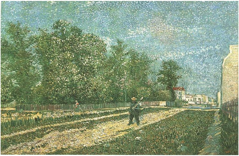 Vincent van Gogh Afueras de París: El camino con el campesino que lleva a hombros una espada Painting Vincent van Gogh's Afueras de París: El camino con el campesino que lleva a hombros una espada Painting