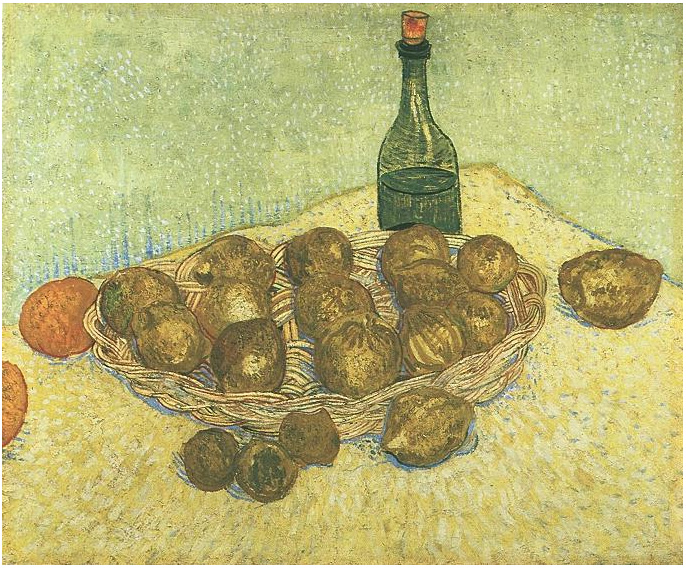 Vincent van Gogh Naturaleza muerta: Botella, limones y naranjas Painting Vincent van Gogh's Naturaleza muerta: Botella, limones y naranjas Painting