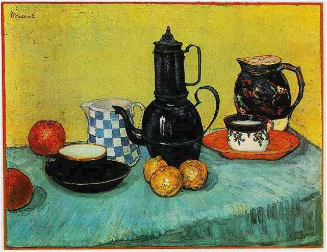 Vincent van Gogh Naturaleza muerta: Cafetera de esmalte azul, cerámica y fruta Painting Vincent van Gogh's Naturaleza muerta: Cafetera de esmalte azul, cerámica y fruta Painting