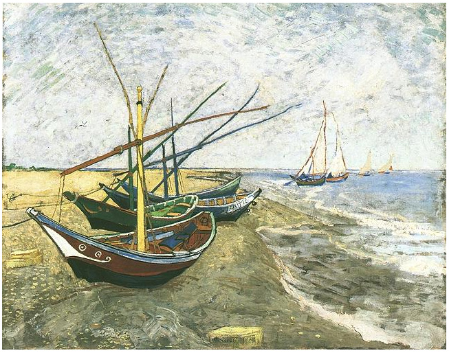 Vincent van Gogh Barcos pesqueros en la playa de Saintes-Maries Painting Vincent van Gogh's Barcos pesqueros en la playa de Saintes-Maries Painting