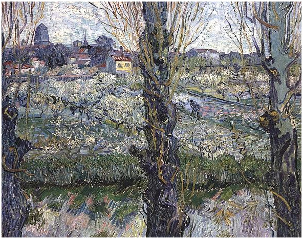 Vincent van Gogh Huerto en flor con vista de Arles Painting Vincent van Gogh's Huerto en flor con vista de Arles Painting