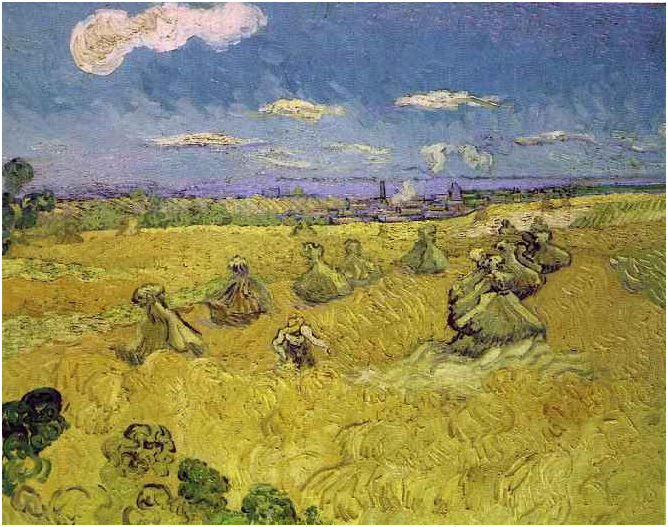 Vincent van Gogh Pilas del trigo con cosechador Painting Vincent van Gogh's Pilas del trigo con cosechador Painting