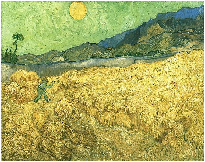 Campos de trigo con cosechador al amanecer de Vincent van Gogh | 757 | Pinturas | Óleo sobre tela