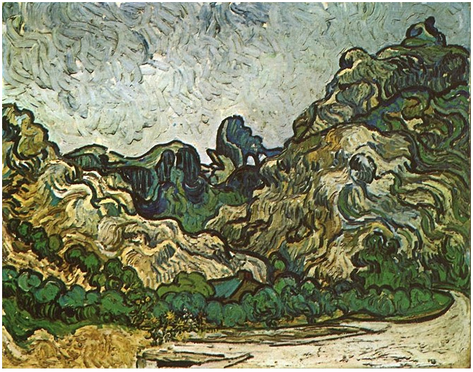 Vincent van Gogh Montañas de Saint-Rémy con casitas de campo oscuras Painting Vincent van Gogh's Montañas de Saint-Rémy con casitas de campo oscuras Painting