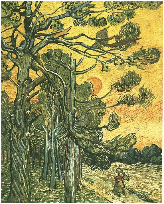 Vincent van Gogh Pinos contra un cielo rojo con puesta del sol Painting Vincent van Gogh's Pinos contra un cielo rojo con puesta del sol Painting