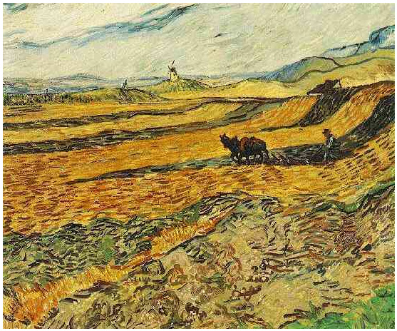 Vincent van Gogh Field with Ploughman and Mill Painting Vincent van Gogh's Field with Ploughman and Mill Painting