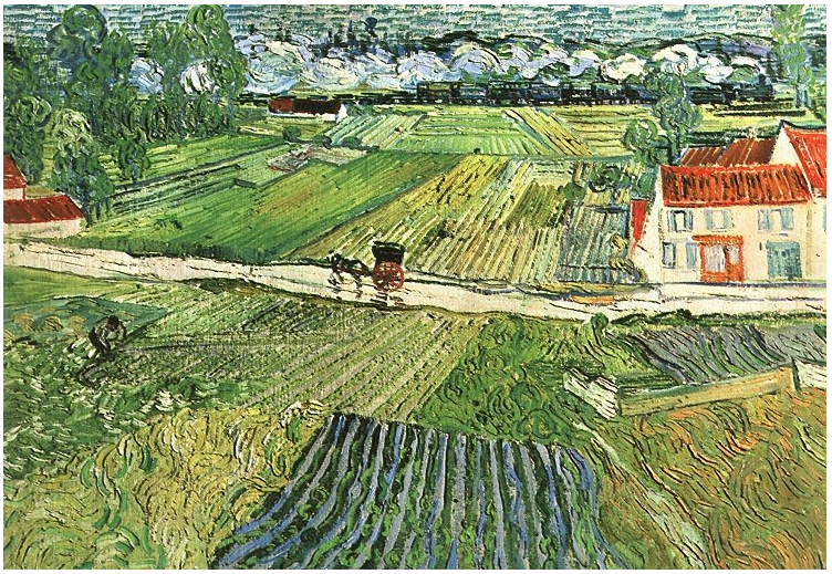 Vincent van Gogh Paisaje con carruajes y tren en fondo Painting Vincent van Gogh's Paisaje con carruajes y tren en fondo Painting