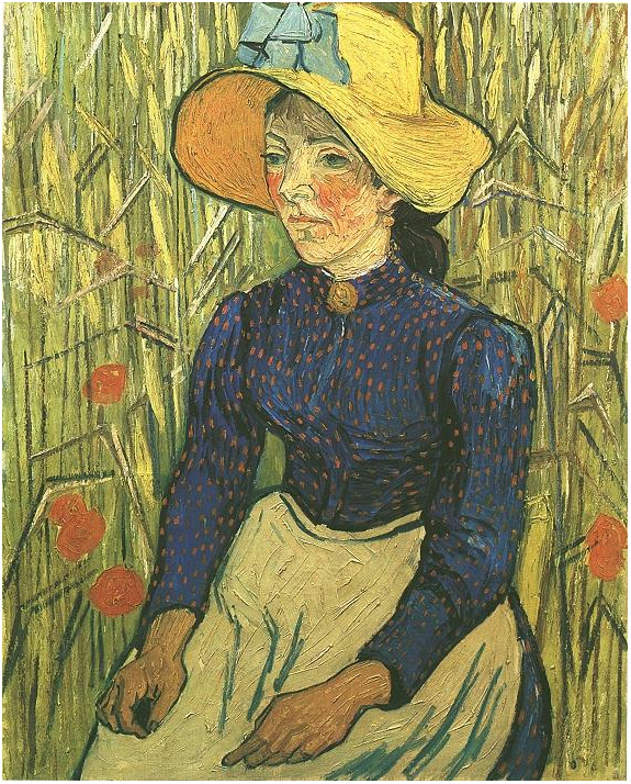 Vincent van Gogh Muchacha campesina con sombrero de paja sentada en el trigo Painting Vincent van Gogh's Muchacha campesina con sombrero de paja sentada en el trigo Painting