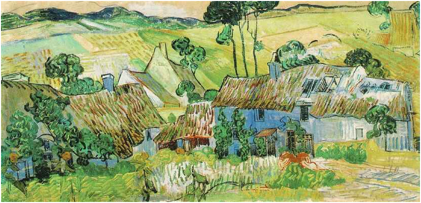 Vincent van Gogh Thatched Cottages by a Hill Painting Vincent van Gogh's Thatched Cottages by a Hill Painting