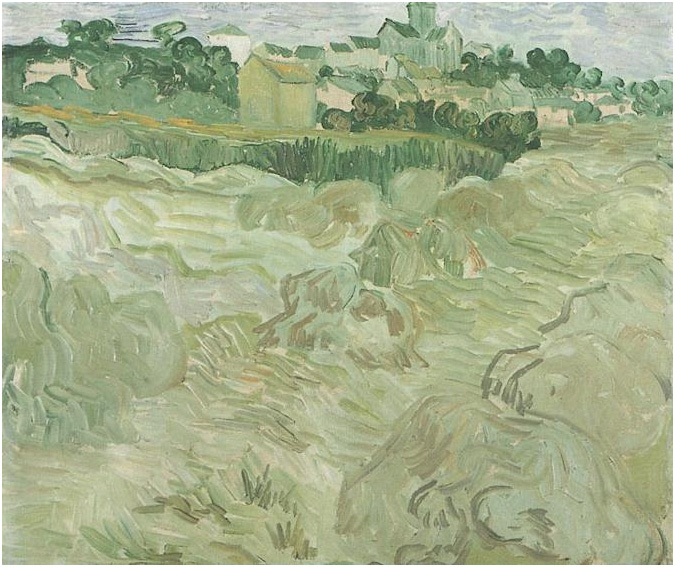 Vincent van Gogh Campos de trigo con Auvers en el fondo Painting Vincent van Gogh's Campos de trigo con Auvers en el fondo Painting